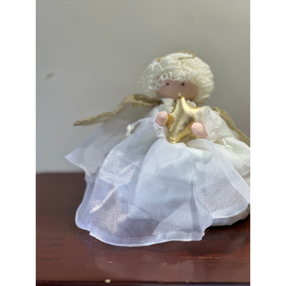 Vintage 1996 Avon Christmas Angel Drawstring Gift Pouch White Gold Star Doll
